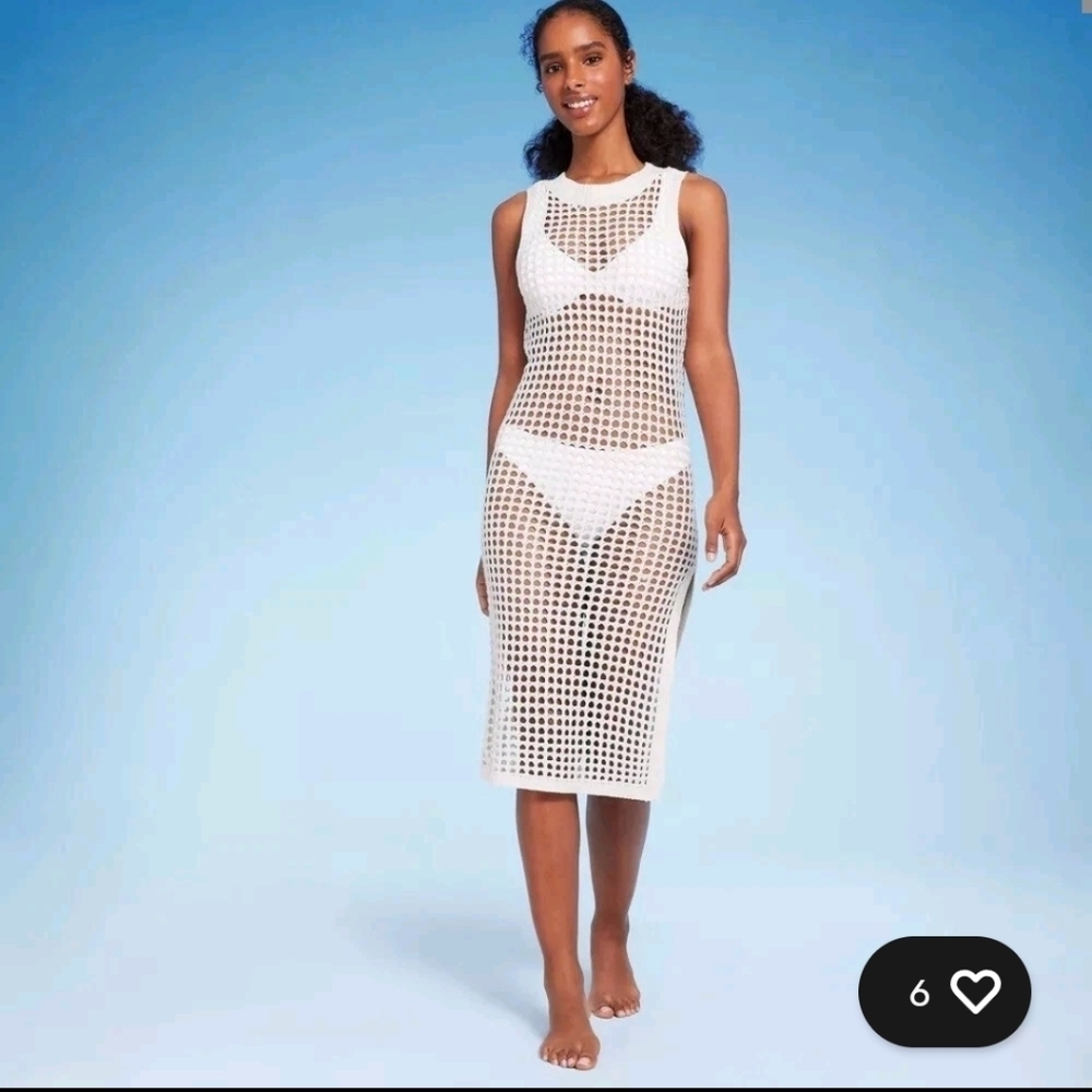 Shade & Shore White Crochet Swim Cover-Up Vest Dress_XL